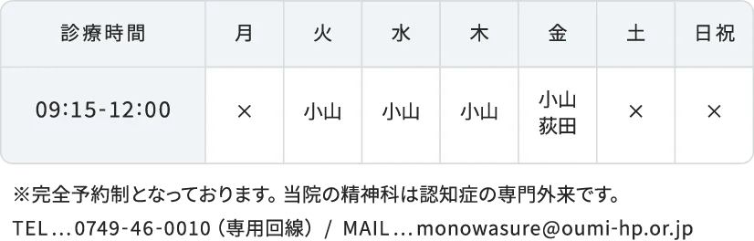 もの忘れ外来（精神科） 【完全予約制】の担当医表